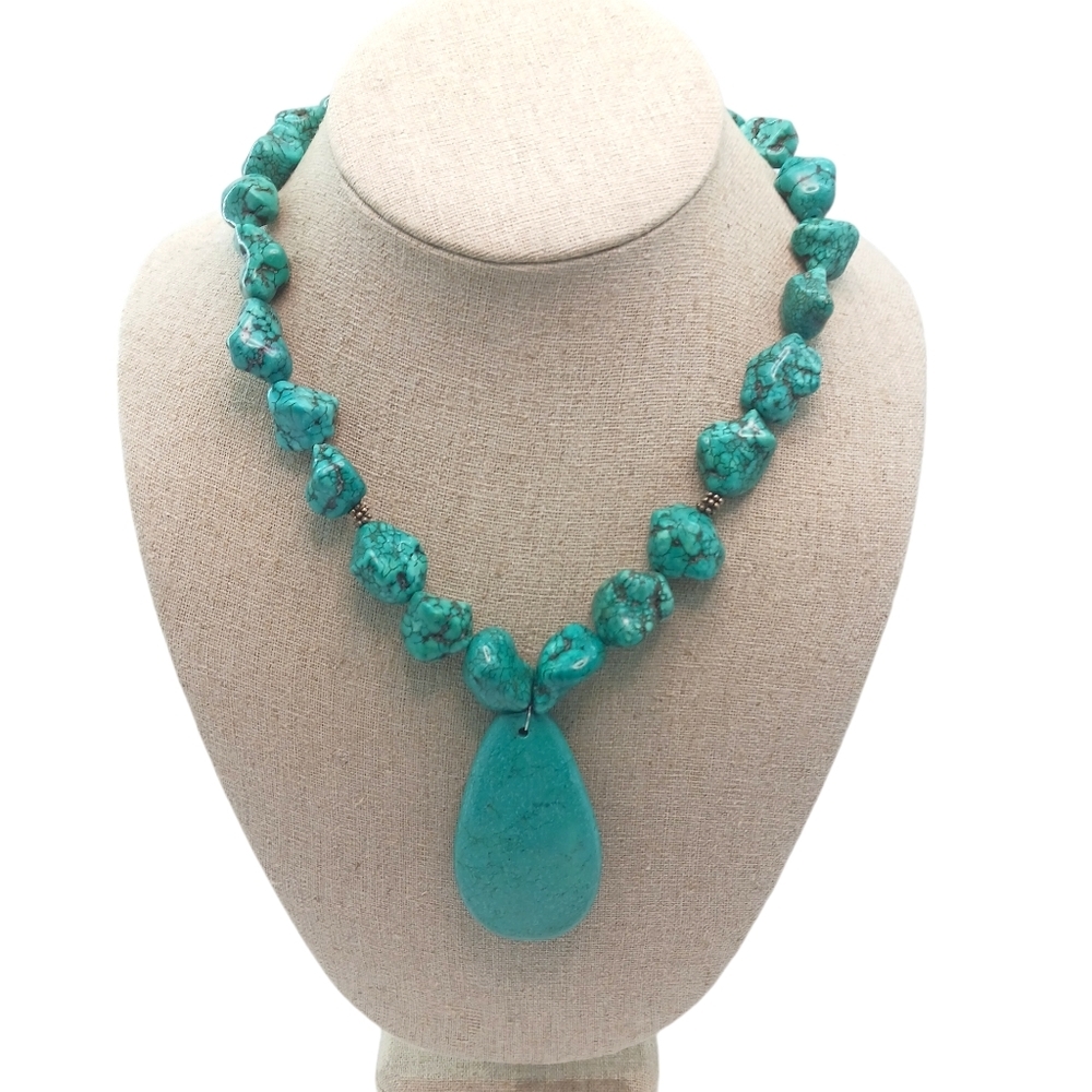 925 Sterling Silver Teardrop Turquoise Beaded Stment Necklace Boho Southwestern